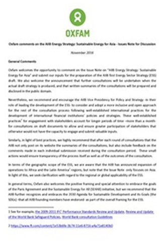 Oxfam comments on the AIIB Energy Strategy : Sustainable Energy for Asia – Issues Note for Discussion